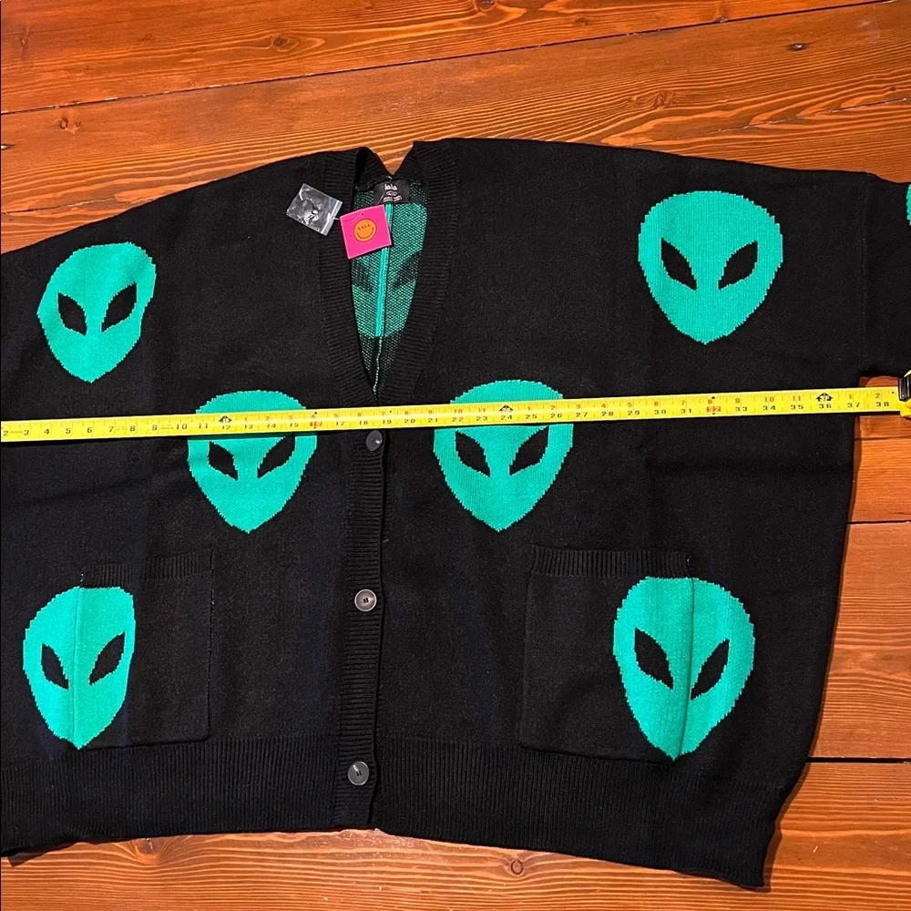 Dressed in LALA Black Cardigan with Neon Green Alien Heads - Picture 9 of 13